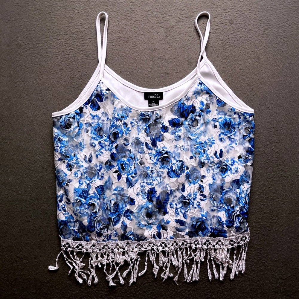 rue21 Women Tank Top Floral Lace Fringe Blue White Medium Boho Festival